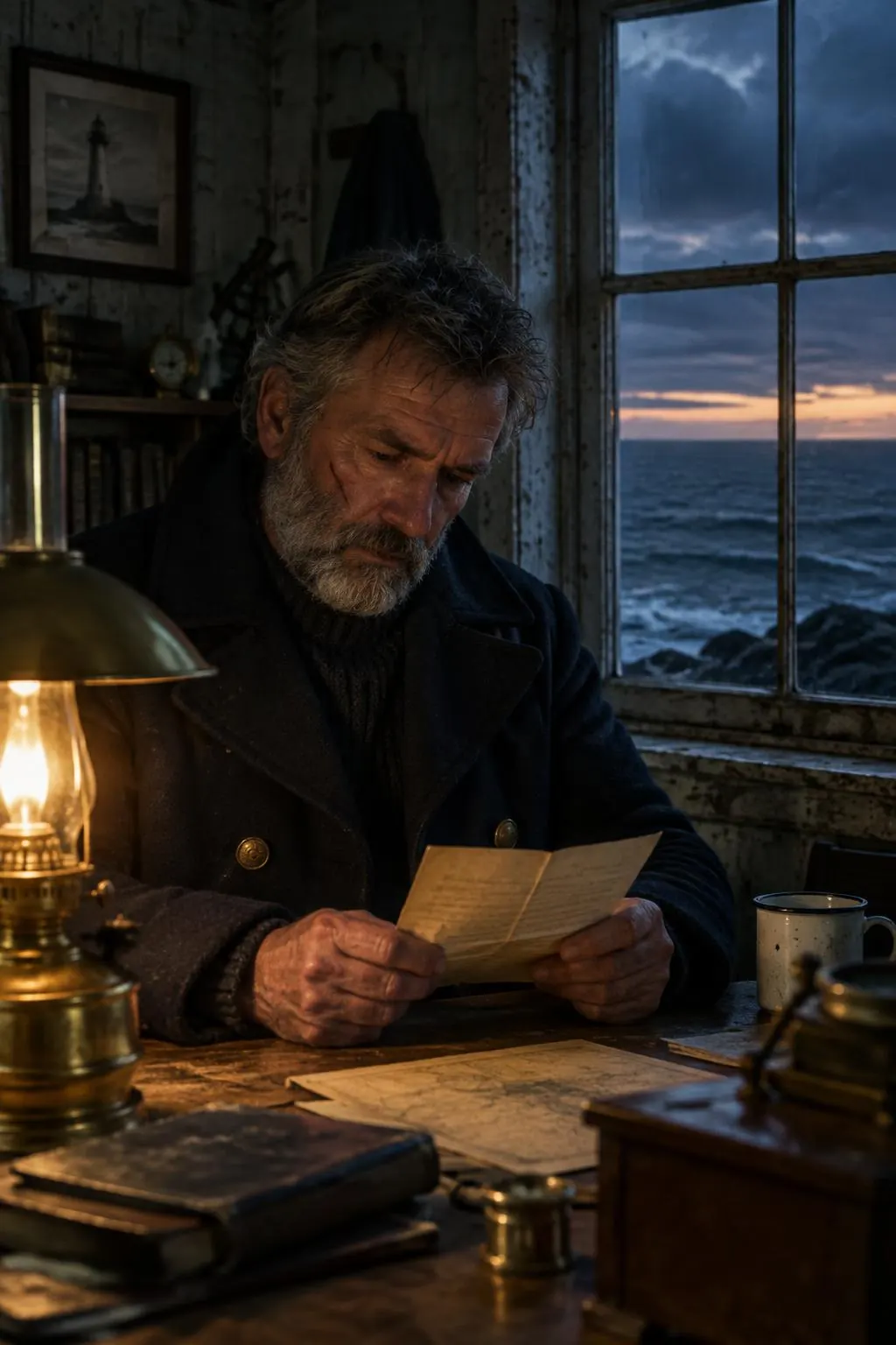 Shot 3, drifted: the Keeper reading, coat in teal, the scar on his right cheek.