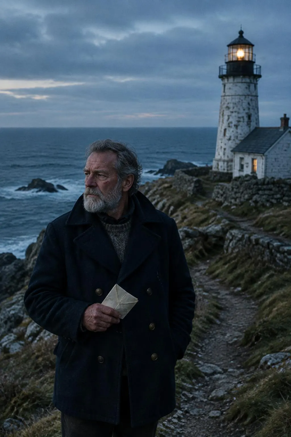 Shot 1: the Keeper on the cliff path at dusk, a letter in his hand.